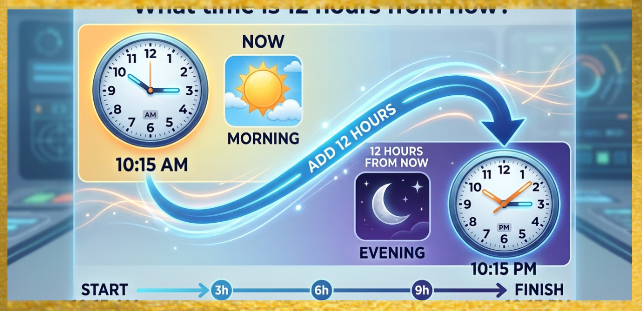 Detail Information Title What Time Is 12 Hours From Now? Time Added 12 Hours Calculation Current Time + 12 Hours Purpose Find the exact time 12 hours from the current moment Works Across AM to PM and PM to AM automatically Time Format Available in both 12-hour and 24-hour formats Example 8:00 AM → 8:00 PM Useful For Travel, work shifts, reminders, scheduling, and countdowns Updates Changes automatically based on the current local time What Time Is 12 Hours From Now table