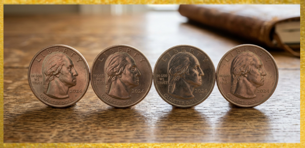 Four US Quarters Lined Up