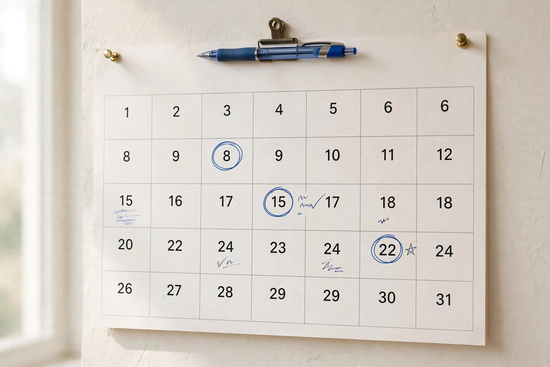 A monthly wall calendar with circled dates and notes for planning the month ahead.