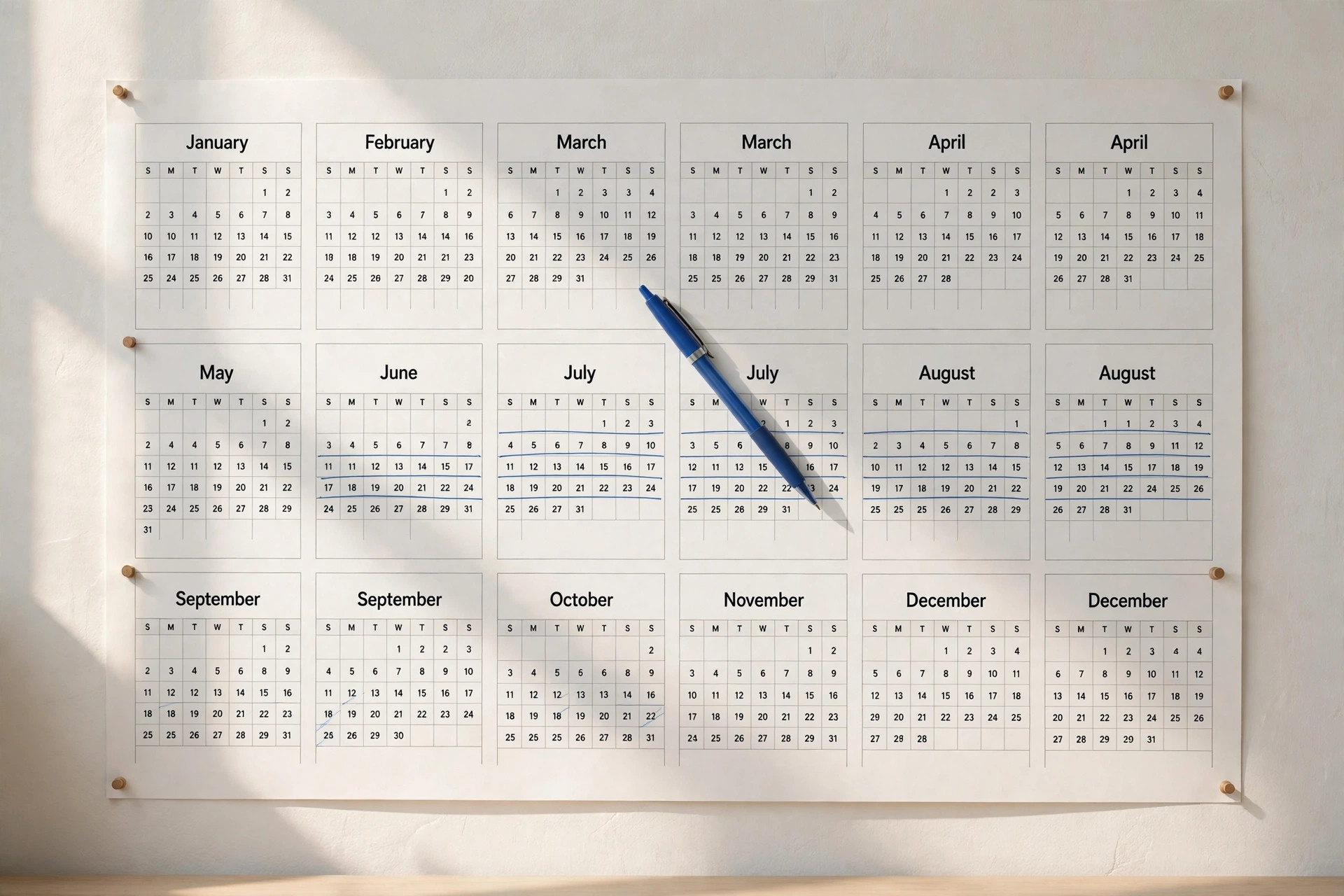 A yearly wall calendar with weeks marked, showing how weeks and months are counted in a year.