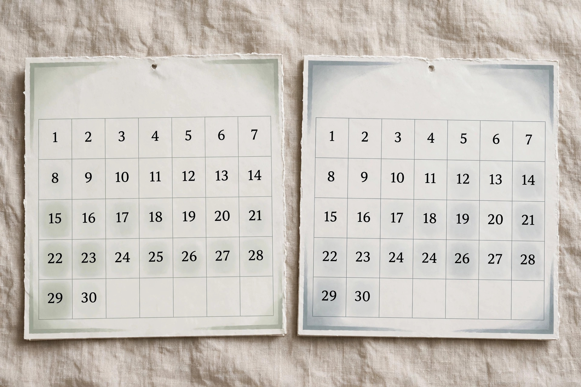 Two calendars side by side, one week starting on Sunday and the other on Monday.